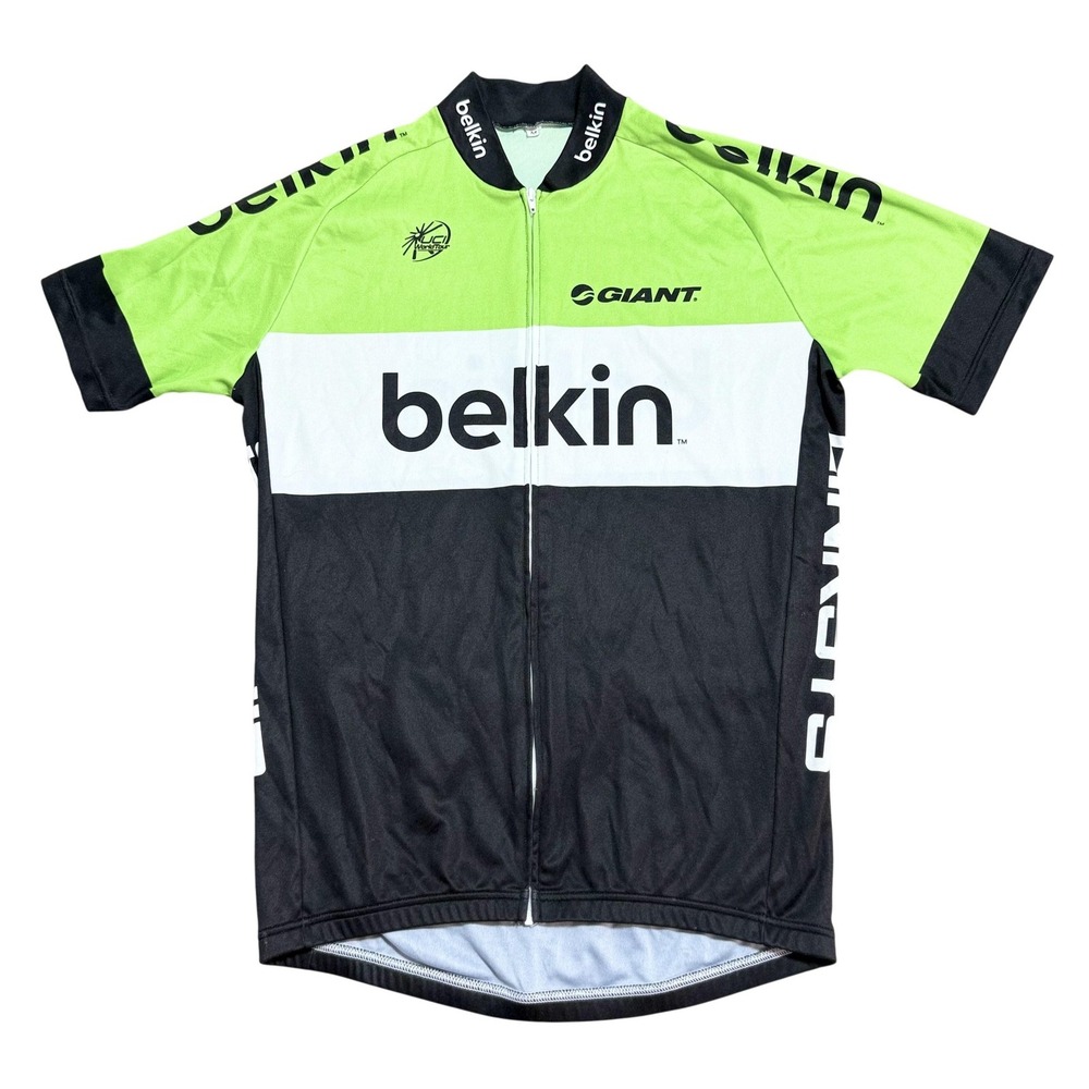 Belkin Cycling Jersey Mens Medium Green Full Zip GIANT Pockets Short Sleeve